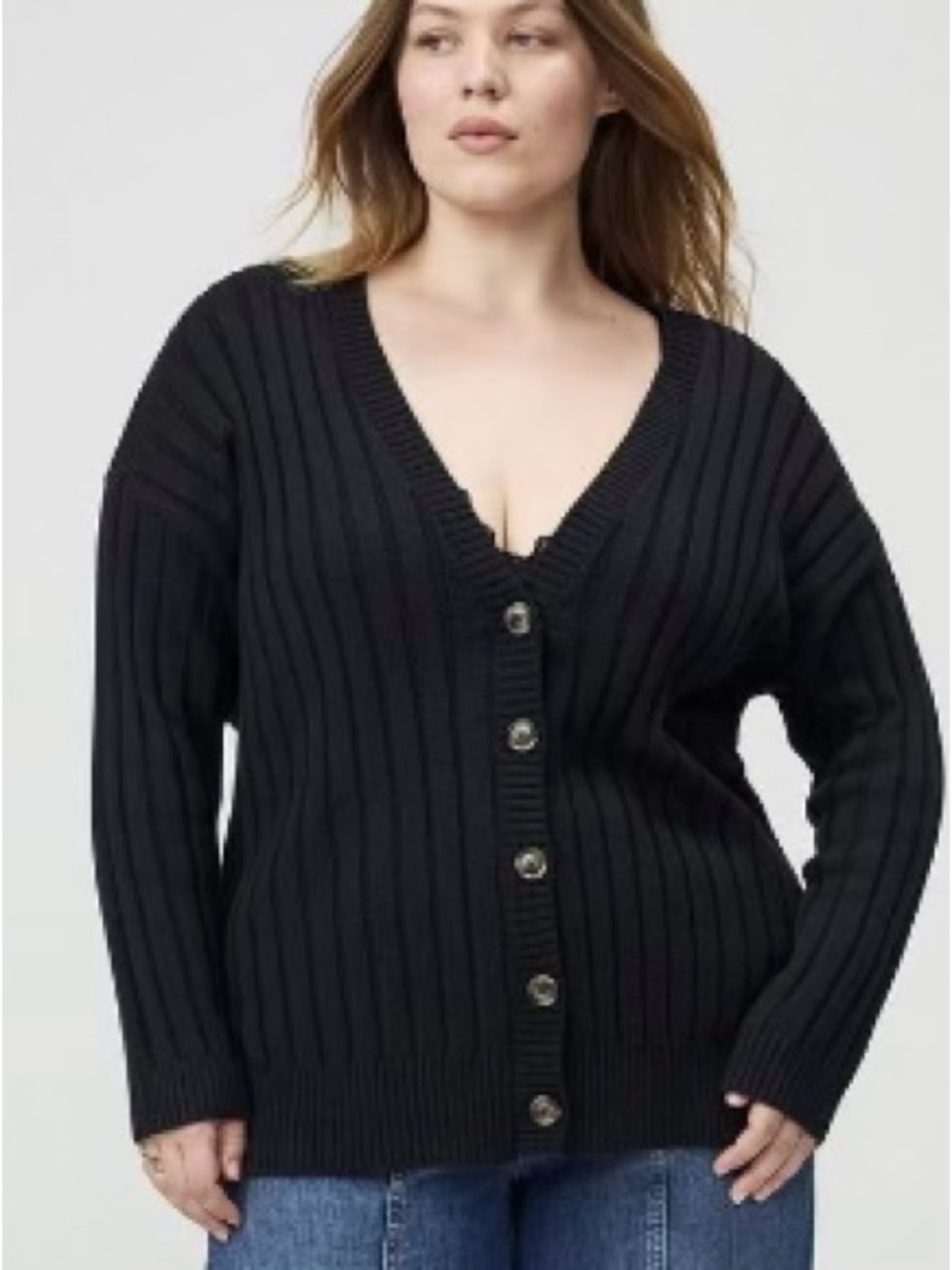 Plush Black Ribbed V-Neck Button Cardigan